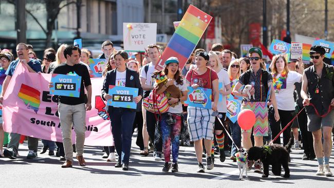 People march in the Adelaide rally for marriage equality. Picture: Dylan Coker