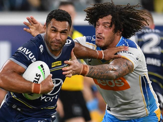 North Queensland Cowboys against Gold Coast Titans at Queensland Country Bank Stadium. Cowboys Justin O'Neill and Titans Kevin Proctor. Picture: Evan Morgan