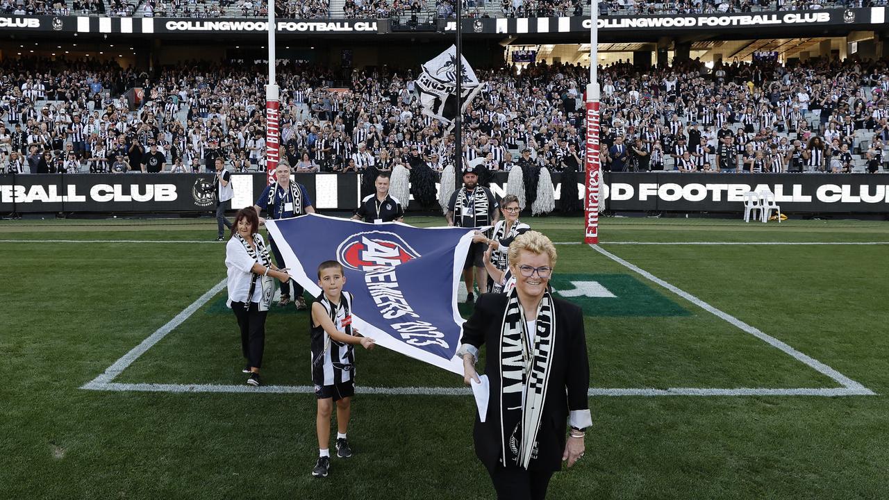 There was a big crowd to witness Collingwood unfurling the 2023 Premiership flag. Pic: Michael Klein