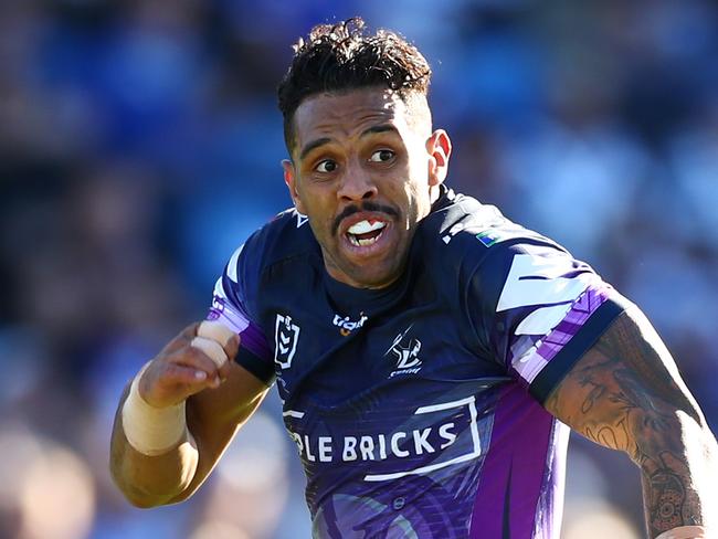 SYDNEY, AUSTRALIA - MAY 26: Josh Addo-Carr of the Storm makes a break during the round 11 NRL match between the Canterbury Bulldogs and the Melbourne Storm at Belmore Sports Ground on May 26, 2019 in Sydney, Australia. (Photo by Cameron Spencer/Getty Images)