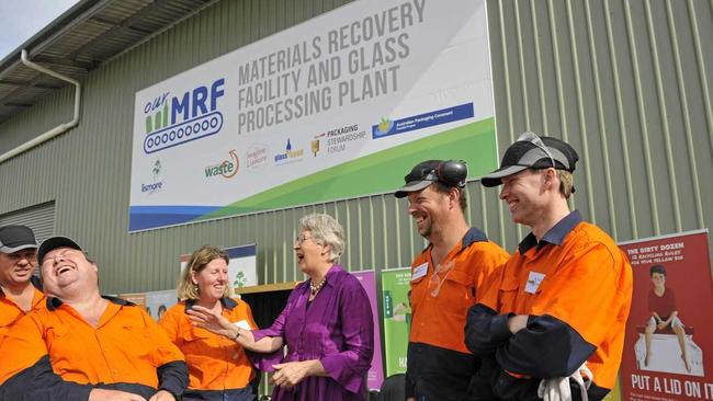 Lismore City Mayor Jenny Dowell talks with MRF staff at the official launch of the new recycling centre. Picture: Marc Stapelberg