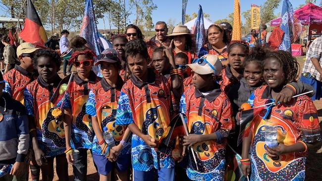 NT Senator Malarndirri McCarthy marks the 53rd anniversary of the Wave Hill Walk Off with Barunga School students on Friday. Picture: Supplied