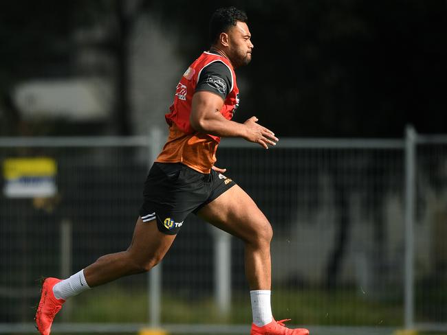 Zane Musgrove (2nd left) during a Wests Tigers NRL training session in Sydney, Wednesday, June 10, 2020. Picture: AAP Image/Joel Carrett.