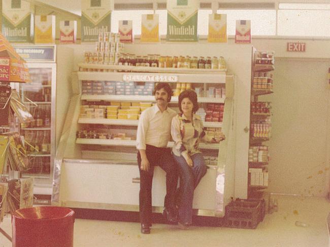 Peter Behrakis and his wife Vicki in 1975 at the Rokeby milk bar, when Peter was just 24.