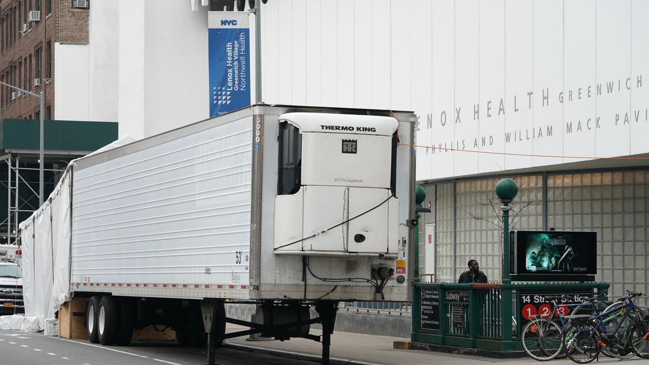 A refrigeration trailer for coronavirus cadavers sits outside of Lenox Health Greenwich Village facility. Picture: Bryan R. Smith / AFP