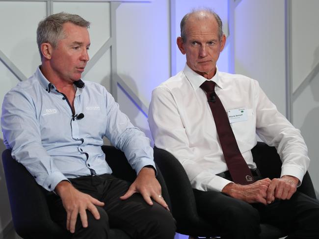 Coaches Paul Green and Wayne Bennett, talking with Peter Badel, at an NRL season launch in 2018. Photographer: Liam Kidston