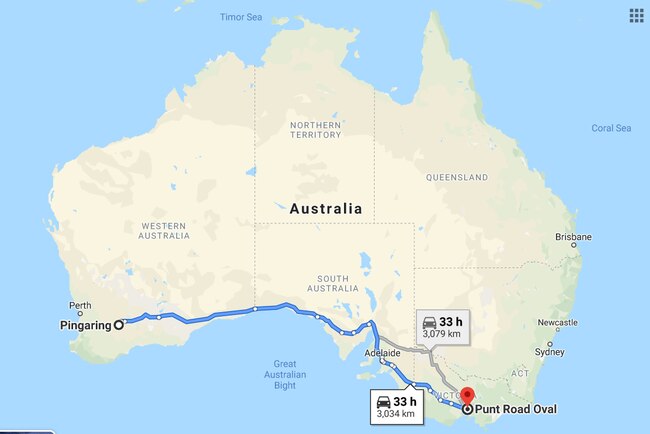 A Google Maps screen shot of Liam Baker's journey across Australia.