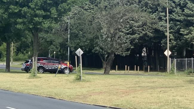 Two police vehicles were parked on a median strip opposite the Embassy of Russia in Canberra on Canberra Ave, Griffith. Picture: Julia Kanapathippillai