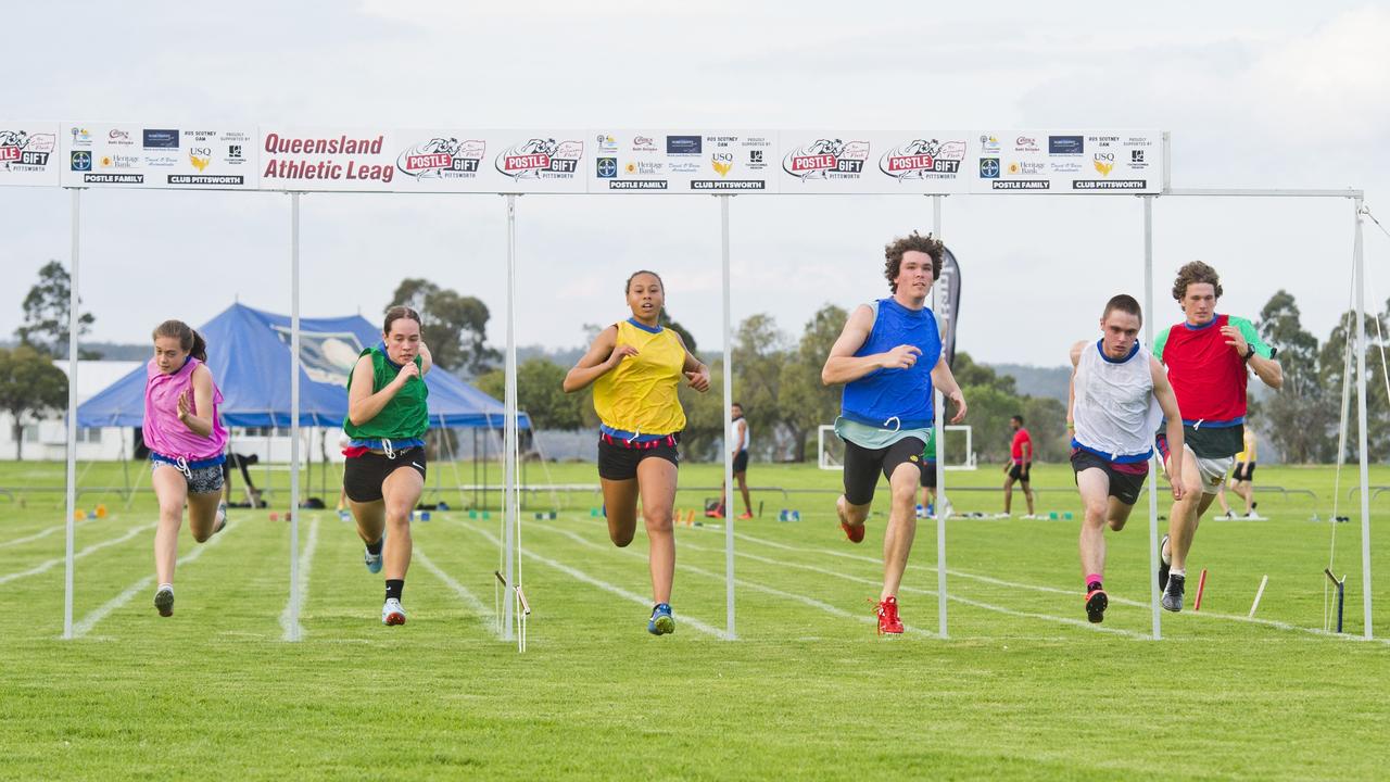 Heat runners head for the Arthur Postle Gift finishing line at Club Pittsworth last year.