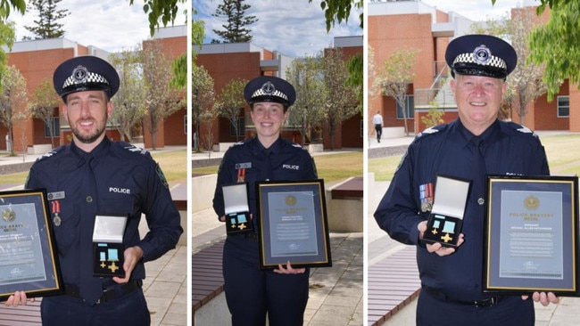 Brevet Sergeant Jordan Allely, Senior Constable Rebekah Cass, and Sergeant Michael Hutchinson with Police Bravery Medals at SAPOL’s Police Academy. Picture: