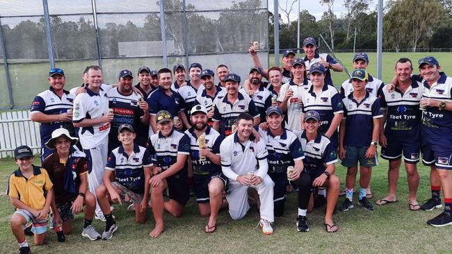 Laidley first and second division players celebrate the club's 2020/21 Cricket Ipswich grand final successes. Picture: David Lems