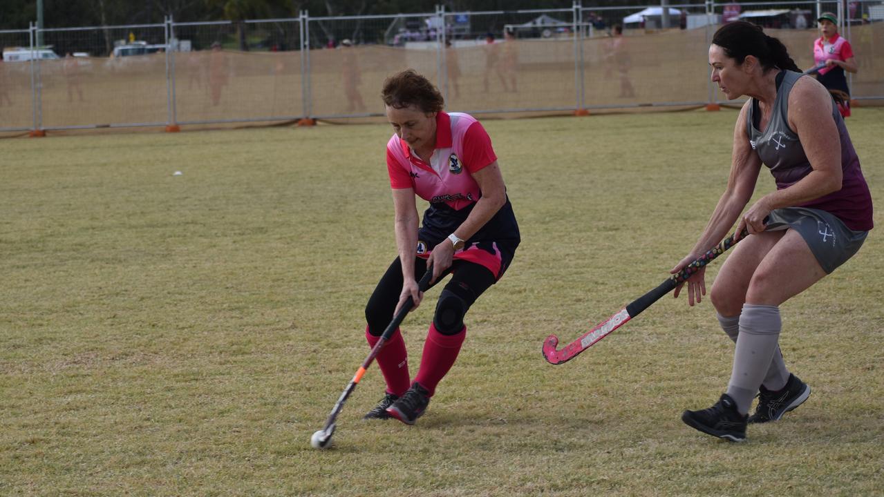 Wendy O'Brien in possession for Toowoomba in their clash with Gladstone at the 2021 Queensland Hockey Women's Masters Championships.