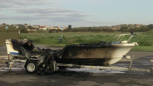 Police are investigating after a boat was stolen from a Christies Beach driveway before being set on fire in a Port Noarlunga carpark overnight. Picture: Kate Lambe/9 News