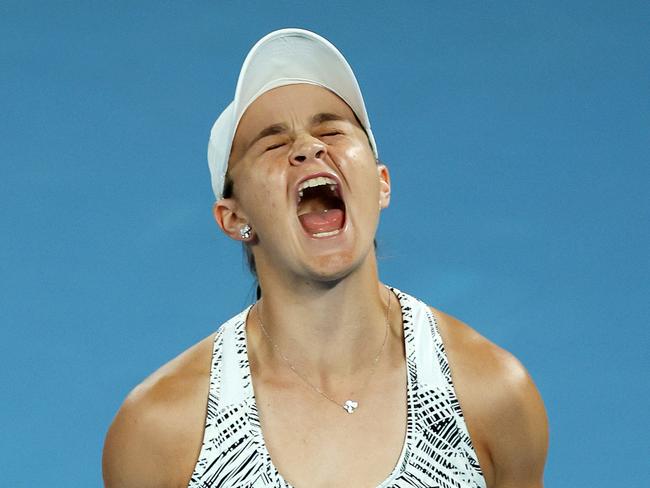 MELBOURNE, JANUARY 29, 2021: Australian Open Tennis 2022. Ashleigh Barty celebrates her win against Danielle Collins during the womens singles final on Rod Laver Arena. Picture: Mark Stewart