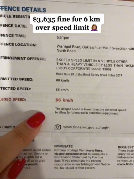 The woman was caught going 6km/h over the speed limit. Picture: Jane Agirtan/TIkTok