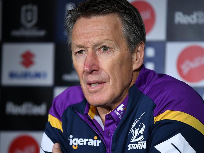 Storm coach Craig Bellamy speaks to media during the Round 7 NRL between Melbourne Storm and New Zealand Warriors at Netsrata Jubilee Stadium in Sydney, Friday, June 26, 2020. (AAP Image/Joel Carrett) NO ARCHIVING, EDITORIAL USE ONLY