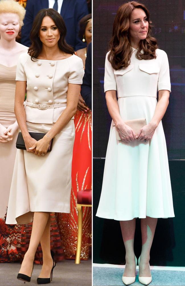 Left: Meghan Markle at today’s Buckingham Palace event and right, Kate Middleton in Mumbai, India back in 2016. Picture: John Stillwell/Mega; Getty