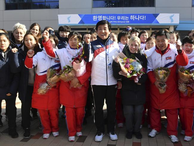 The joint Korean hockey team. Picture: Song Kyung-Seok/Pool Photo via AP