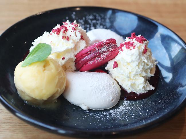 The Riverfront Motel’s classic Eton Mess dessert which features a neat collection of meringue, raspberry macaron and fresh cream. Picture: Nikki Davis-Jones