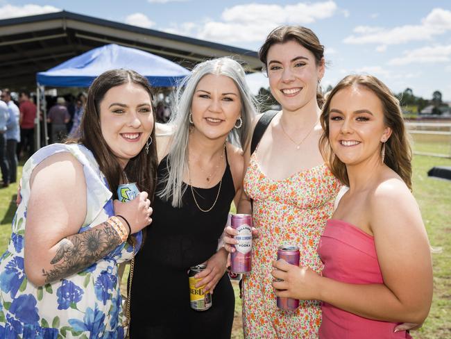 At the Clifton Races are (from left) Serena Ruming, Taylah Skelton, Emma Fuller and Ellie McKenzie, Saturday, October 28, 2023. Picture: Kevin Farmer