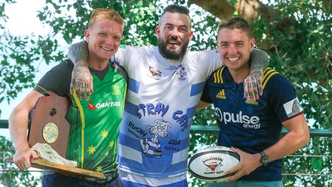 David Yoder, Josh Webb and Larkin Hawkins ahead of a US Marines V Locals Rugby Union Game.Picture: Glenn Campbell