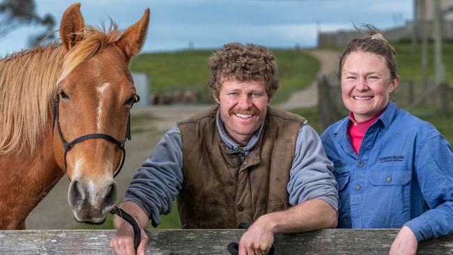 Alex and Sarah Hammond run the thriving operation Robbins Island Wagyu in Tasmania. The siblings are pictured with their horse Juliet. Picture: Phillip Biggs