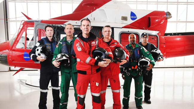 Medstar team pilot Daniel O'Donnell pilot, paramedic John Hall, SAAS MedSTAR clinical director Andrew Pearce, nursing director Dan Martin, paramedic Steve Tebbett and crewman Ben McNeil celebrated MedSTAR Rescue and Retrieval Service’s 10-year anniversary in their new state of the art headquarters at Adelaide Airport in February last year. Picture: Mark Brake