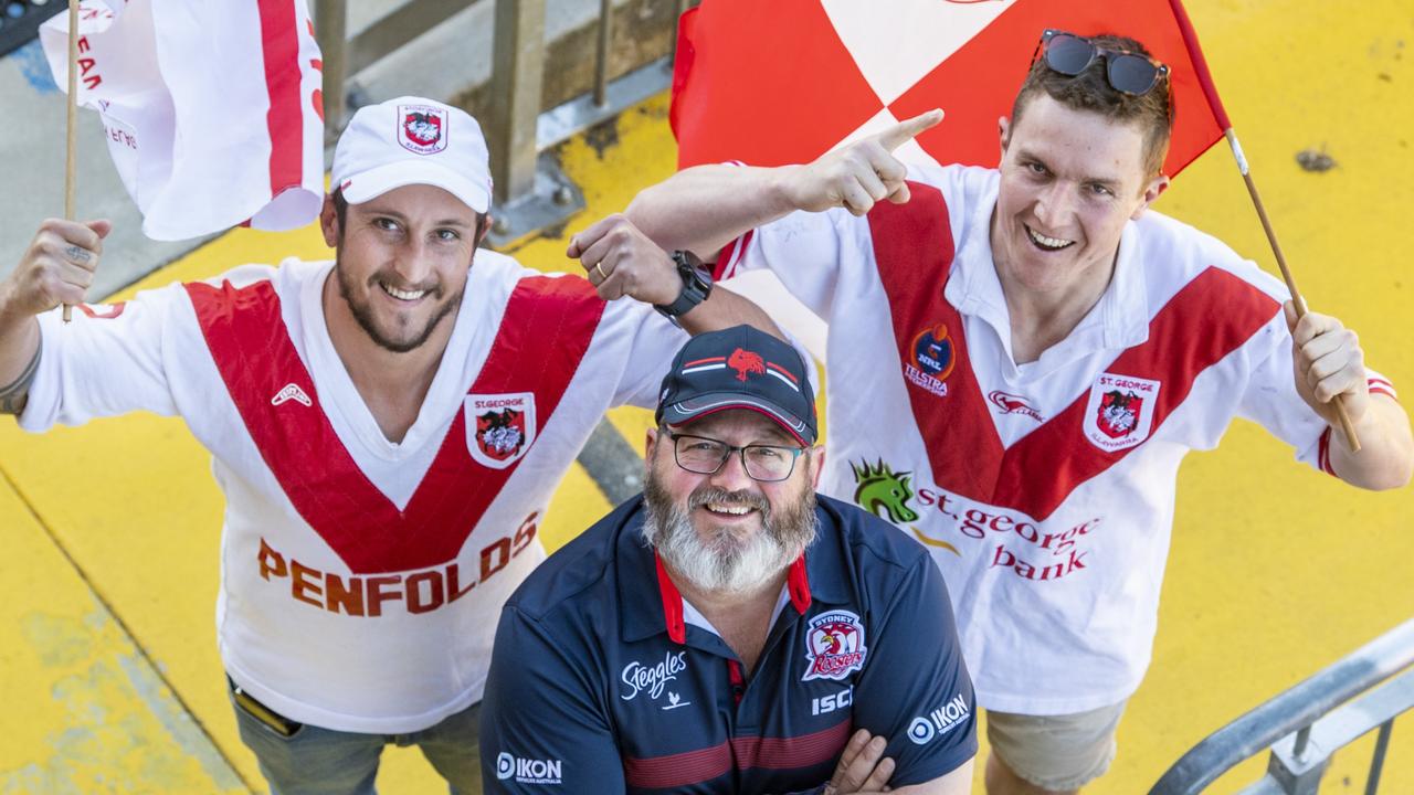 ( From left ) Steven Lee, Trevor McCarthy and Jarrod Lee have their tickets for the NRL Dragons vs Roosters match in Toowoomba. Picture: Nev Madsen.