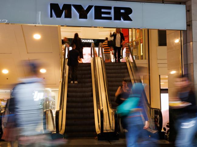 SYDNEY, AUSTRALIA - NewsWire Photos MAY 10 2024. GENERIC. Shoppers walk past the entrance to the Myer department store in Pitt St Mall. Economy, cost of living, budget, shopping, retail. Picture: NCA NewsWire / Max Mason-Hubers