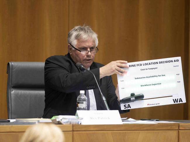 SA Senator Rex Patrick with his helpful guide for making a decision on the future location of Collins Class full cycle docking. Picture: Gary Ramage