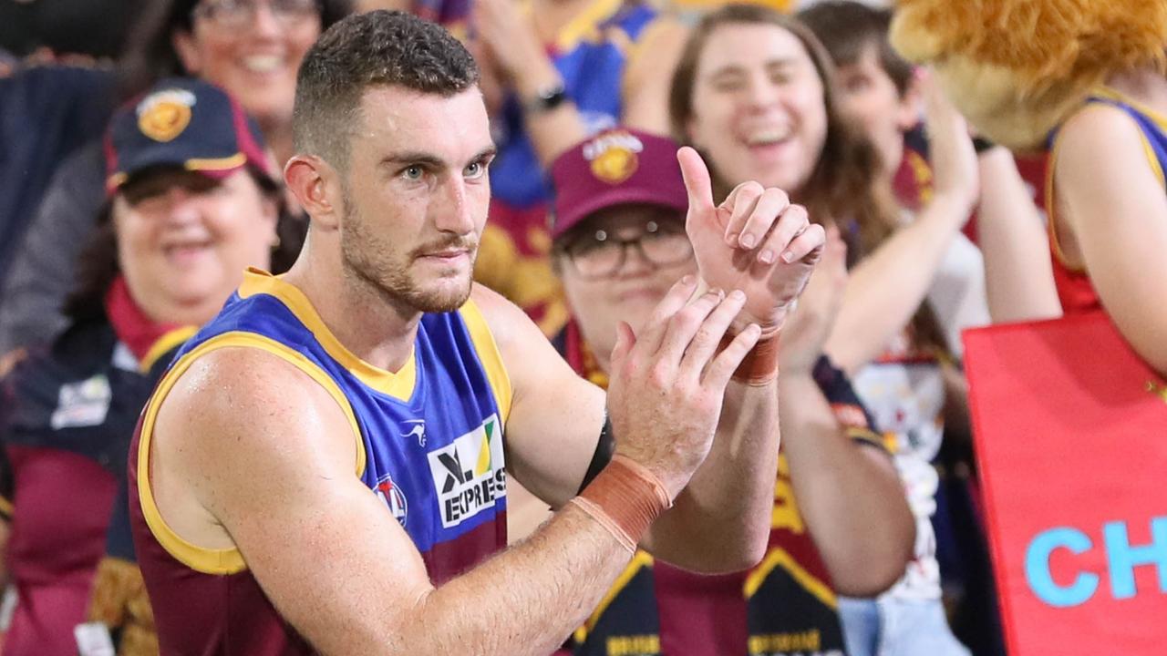 Daniel McStay enjoys a win with Brisbane Lions fans.