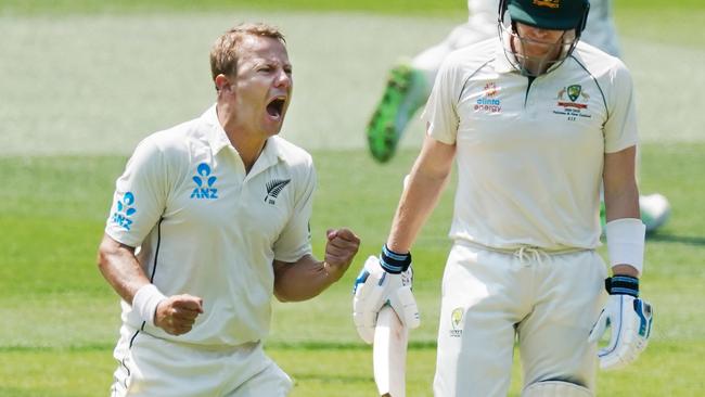 Neil Wagner celebrates Steve Smith’s wicket for the third time in three innings.