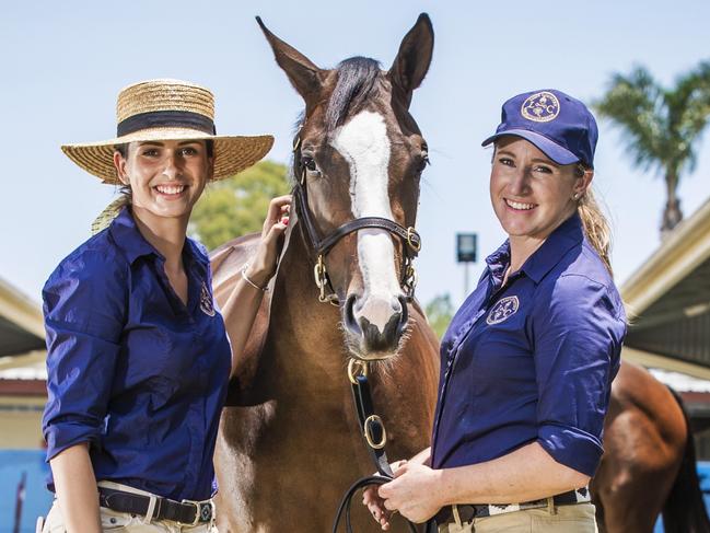 Magic Millions 2020 - sales.Georgia Griffin (left) and Lana Gleeson (right) with the Written Tycoon-Makybe Diva filly.Picture: NIGEL HALLETT