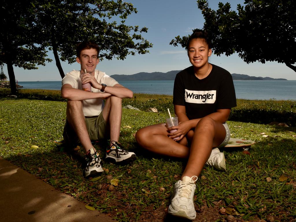 Townsville residents relaxing on the Strand after the relaxation of COVID-19 restrictions. Jalen Ward and Zitina Aokuso. Picture: Evan Morgan