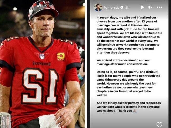 Tom Brady made a "painful" personal announcement. Pictures: Getty, Instagram