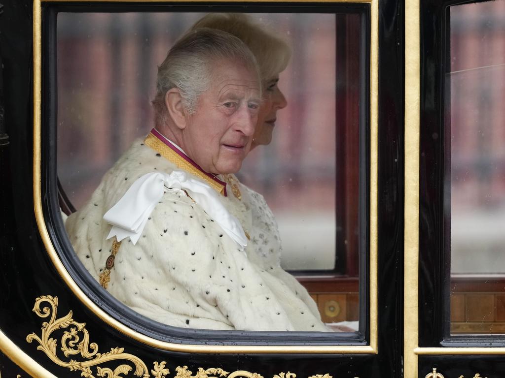 King Charles III and Camilla, Queen Consort travelling in the Diamond Jubilee Coach. Picture: Christopher Furlong/Getty Images