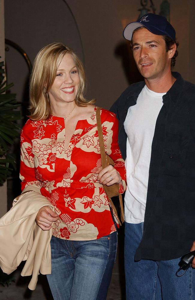 Jennie Garth and Luke Perry during a press tour at the Ritz Carlton in Pasadena. Picture: Gregg DeGuire/WireImage