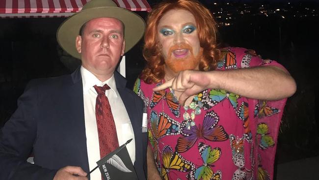 Kyle Sandilands dressed as a bearded lady and Peter Deppeler dressed as Barnaby Joyce.