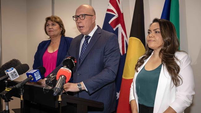 Peter Dutton, South Australian Senator Kerrynne Liddle and Senator Jacinta Price at a press conference in Adelaide. Picture: NCA/NewsWire Emma Brasier