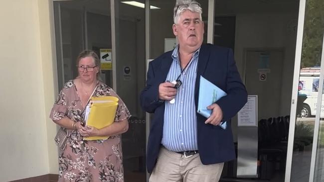 Cooloola Waters Retirement Village manager Nicole McCullen (witness) walks out of the Gympie Magistrates court with Cooloola Waters Holdings director Gary Simonite (right). September 12, 2023.