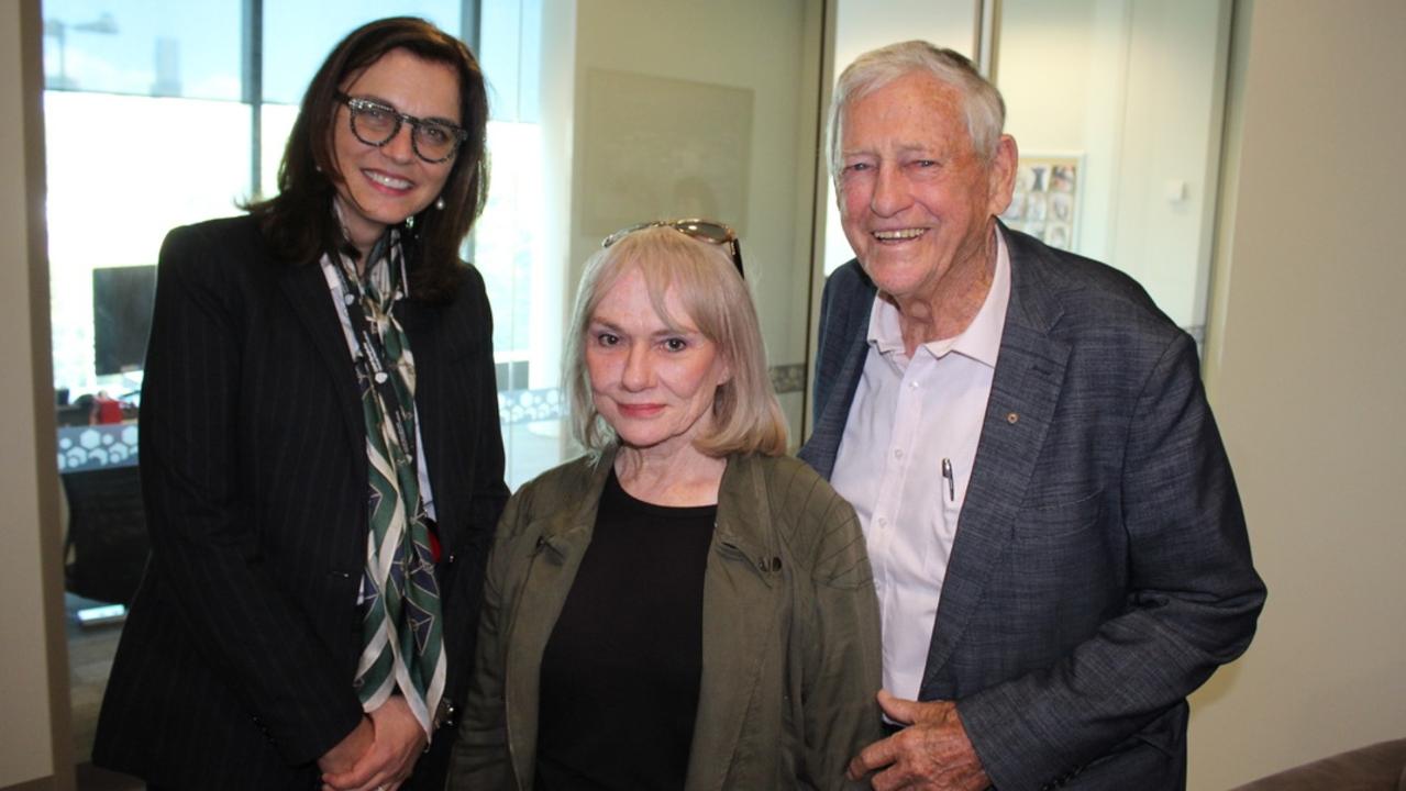 Clive Berghofer toured QIMR Berghofer Medical Research Institute on Thursday. Mr Berghofer (right) with QIMR Director and CEO Professor Fabienne Mackay and his partner, Suzanne Hawkins.