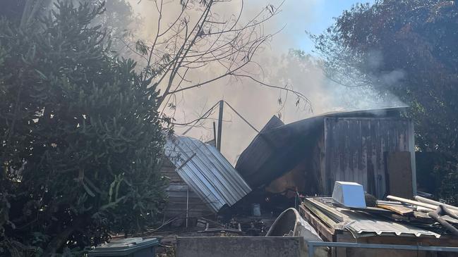 Photographs from the scene of a large shed fire on a residential property in Roseneath on Tuesday. Picture: Leighton Smith