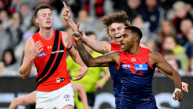 MELBOURNE, AUSTRALIA - JULY 13: Kysaiah Pickett of the Demons celebrates kicking a goal during the round 18 AFL match between Melbourne Demons and Essendon Bombers at Melbourne Cricket Ground, on July 13, 2024, in Melbourne, Australia. (Photo by Josh Chadwick/AFL Photos/via Getty Images)