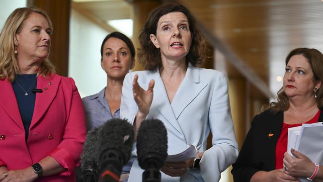 Teal MPs Kylea Tink, left, Sophie Scamps, Allegra Spender and Kate Cheney. Picture: NewsWire / Martin Ollman