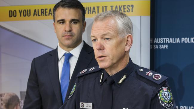 Police Commissioner Grant Stevens with Police Minister Peter Malinauskas. Picture: Nick Clayton