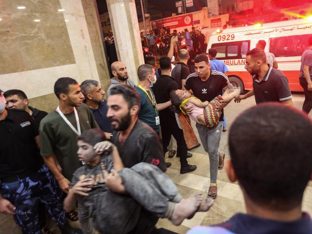 Palestinians injured in Israeli air raids arrive at Nasser Medical Hospital in the southern Gaza Strip. Picture: Getty