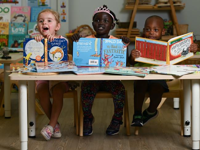 16th of October 2024 - Minderoo is investing $500k in Raising Literacy Australia in a new targeted program aimed at disadvantaged kids across SA. Kids (L-R) Grace, Margaret and Raphael at Busy Bees childcare centre in Smithfield Plains. Photo: Naomi Jellicoe