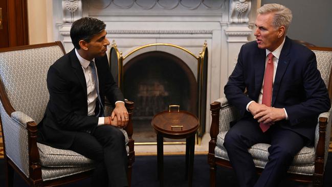 Rishi Sunak meets house speaker Kevin McCarthy in Washington. Picture: AFP