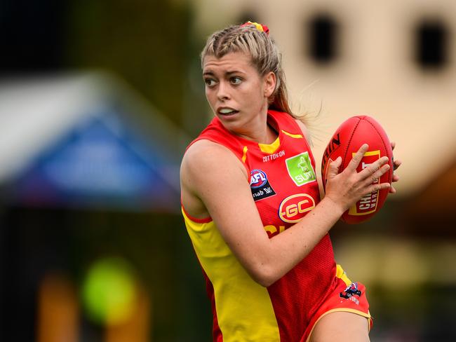 Kalinda Howarth of the Suns in action during the 2020 AFLW Semi Final match between the Fremantle Dockers and the Gold Coast Suns at Fremantle Oval on March 21, 2020 in Fremantle, Australia. (Photo by Daniel Carson/AFL Photos via Getty Images)