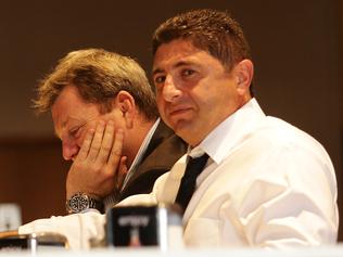 Damien Keogh of Cronulla, Laurence Lancini North QLD, Ray Dib of the Bulldogs and Bart Campbell of Melbourne Storm have a beer at the Olympic Hotel after storming out of an NRL meeting at League Central, Sydney with ARL Commission chairman John Grant. Picture: Brett Costello